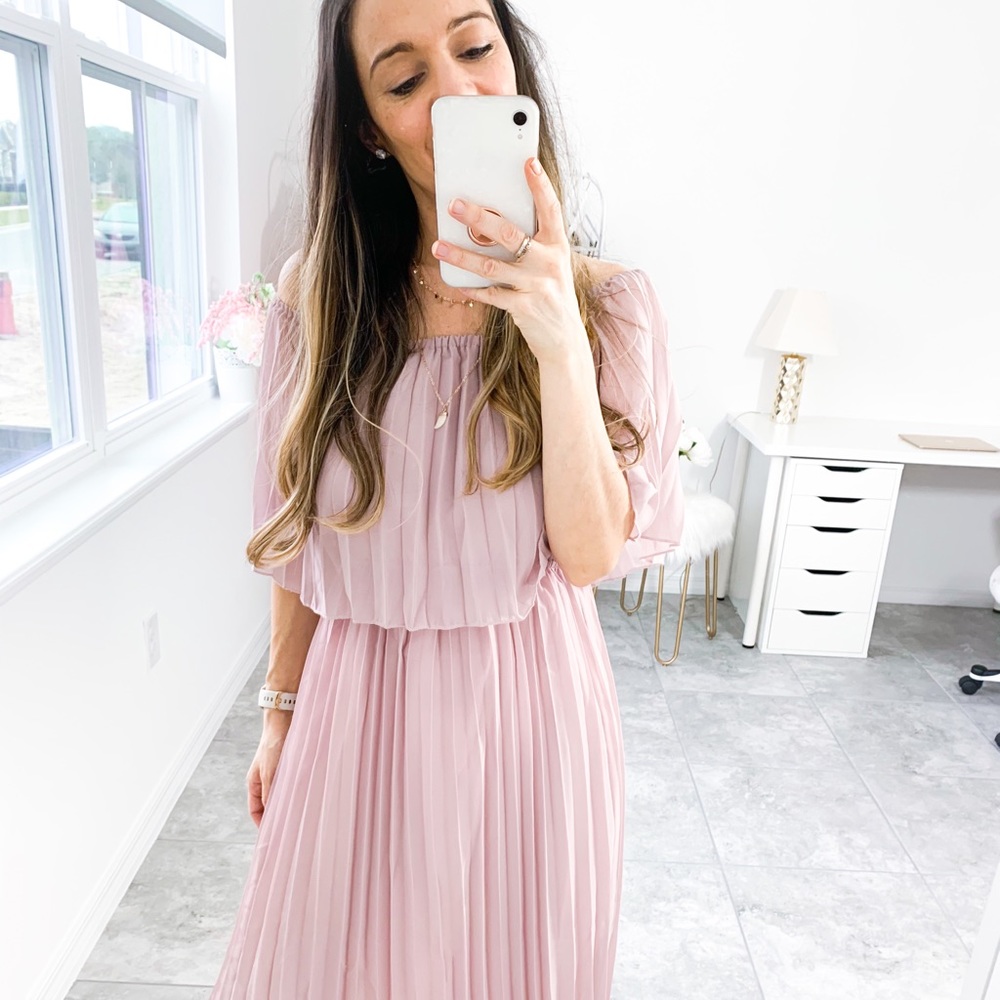 Dusty Pink Off Shoulder Ruffle Pleated Maxi Dress - Picture 8 of 12